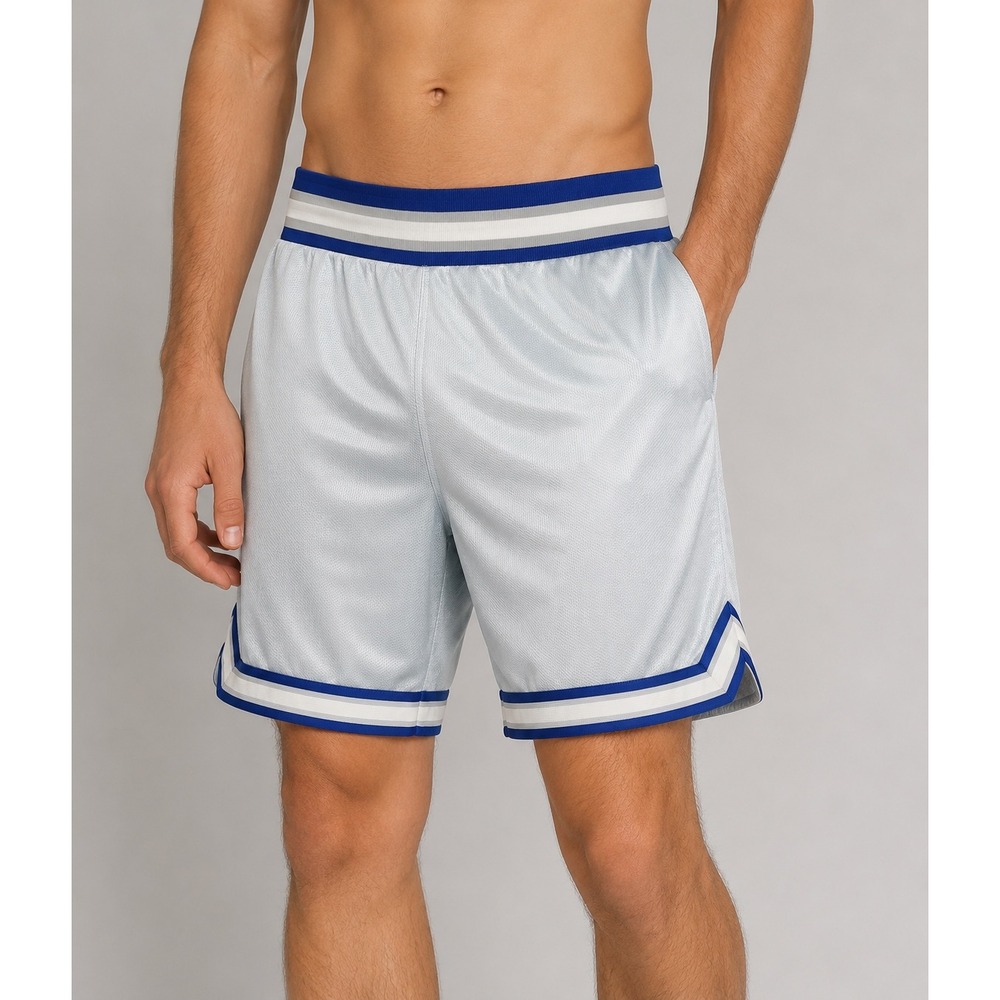 Vintage DeLONG Mens Mesh Basketball Shorts White Blue Gray Striped Size 36 12-94